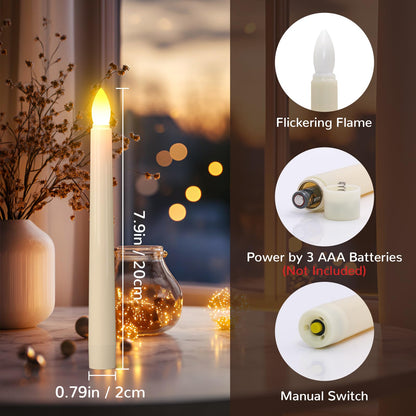 PChero Flameless Candles with Remote Timer, 7.9" Ivory Battery Operated LED Taper Dripless Floating Flickering Candles for Wedding Halloween Thanksgiving Christmas Themed Party Valentines Decorations