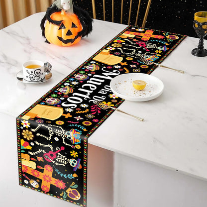 Halloween Table Runner 72 Inches Long, Day of The Dead Table Runner Dia De Los Muertos Sugar Skull Table Runner Happy Halloween Runners for Table Line Cover Tablecloth for Halloween Party Decorations