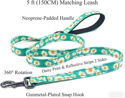 Dog Collar Leash Set, Floral Pattern, with Safety Reflective Strips, 5 ft Matching Leash, Neoprene Padded Handle, Adjustable 4 Sizes for Small Medium Large Dogs.(L, Green Daisy)