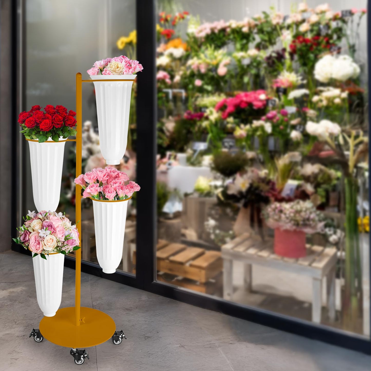LEALIBAUSS Metal Flower Bar Stand With 4 Buckets Flower Cart Display Stand with Wheels Floral Bar for Wedding,Garden Events Party Decor (GOLD)