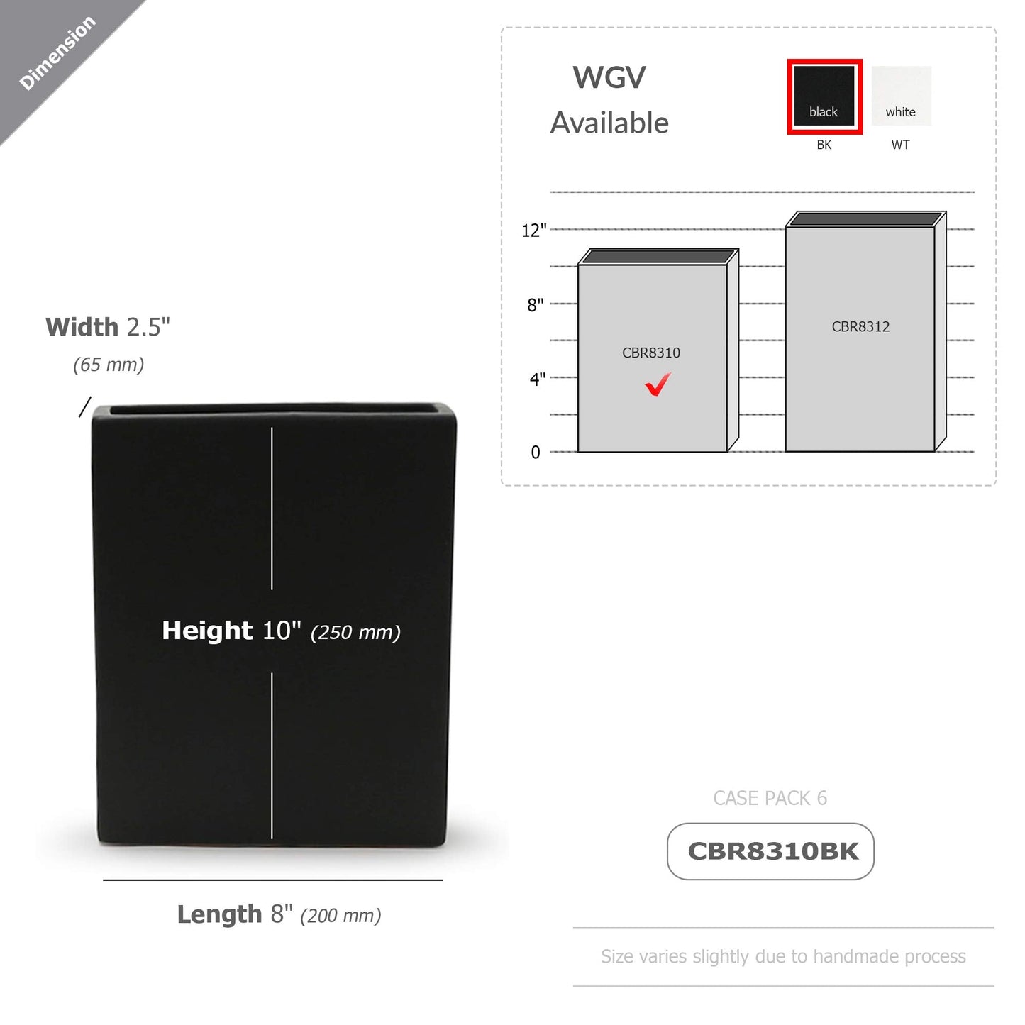 WGV Rectangle Block Ceramic Vase 8" x 2.5" x 10"H Black Tall Narrow Planter Terrarium Floral Centerpiece for Wedding Event Home Decor 1 Piece