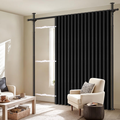 100% Blackout Room Divider Curtains Sets Black 1 Panel W100 x L84in No Drill Curtain Rods(H) 43-120×(W) 35-100 in for Bedroom Privacy Partition Separator