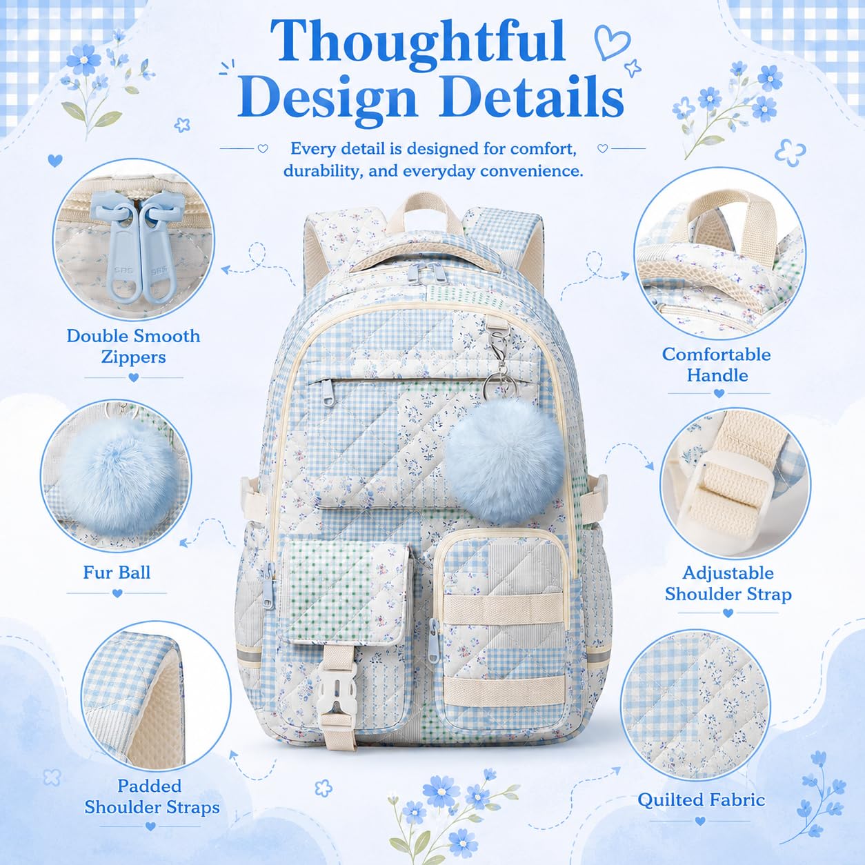 WOBAGMEN 3Pcs Quilted Backpack Set For Girls, Cute Floral School Backpack with Insulated Lunch Bag & Pencil Case, Aesthetic Bookbag Set For Teens College Students, Back To School（Green Blue Patchwork）