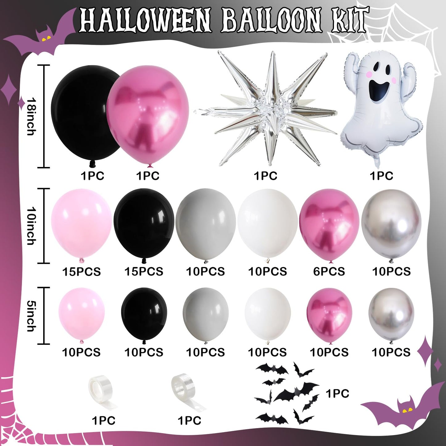 Froova Halloween Balloon Arch Kit, 131 Pcs Pink Black Silver Balloon Garland with 3D Bat Stickers Ghost Star Balloons for Girls Halloween Baby Shower Spooky Birthday Party Decorations