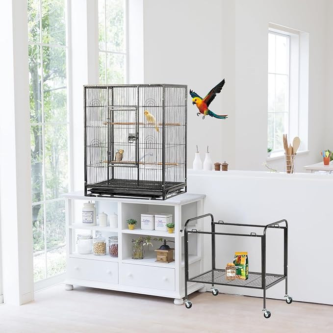 VINGLI 53-inch Bird Cage with Wheels, Durable Wrought Iron Parakeet Cage with Slide Out Tray, Black Bird Cages for Parakeets/Lovebird/Cockatiels/Budgies and Other Small/Medium Birds (Large-53 inch)