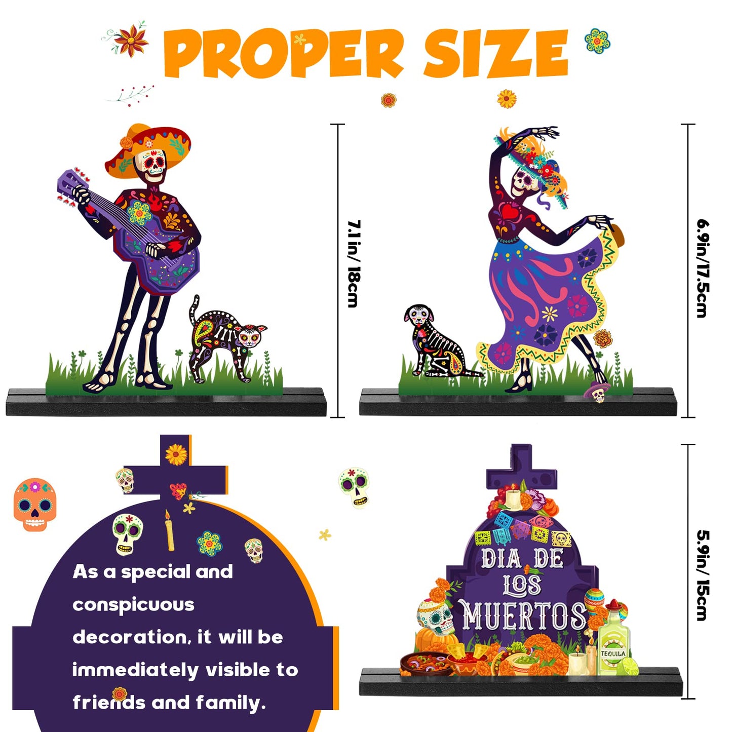 Yerliker 3 Pcs Day of the Dead Table Decorations Mexican Dia De Los Muertos Altar Centerpiece Halloween Sugar Skull Table Topper Wooden Day of the Dead Centerpiece for Halloween Mexican Party Decor