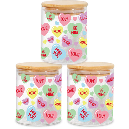 JarThenaAMCS 3Pcs Valentine Glass Storage Jars With Airtight Lid Pastel Conversation Heart Decorative Canisters Sets For Home Kitchen Countertop