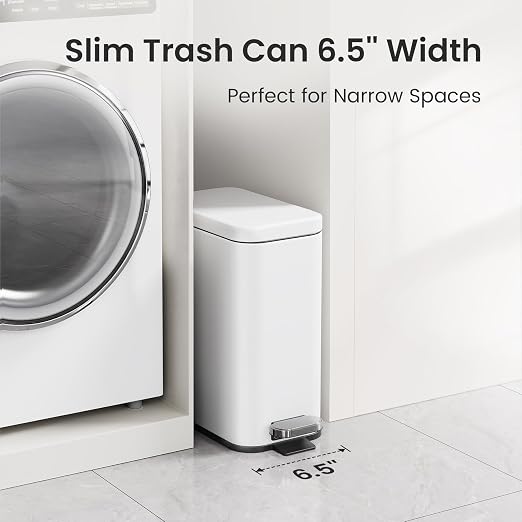Cesun Bathroom Trash Can with Lid, 2.6 Gallon Small Bathroom Garbage Can Soft Close, Stainless Steel Waste Basket with Step Pedal for Bedroom, Laundry Room, Living Room, Home Office, Toilet, RV, White