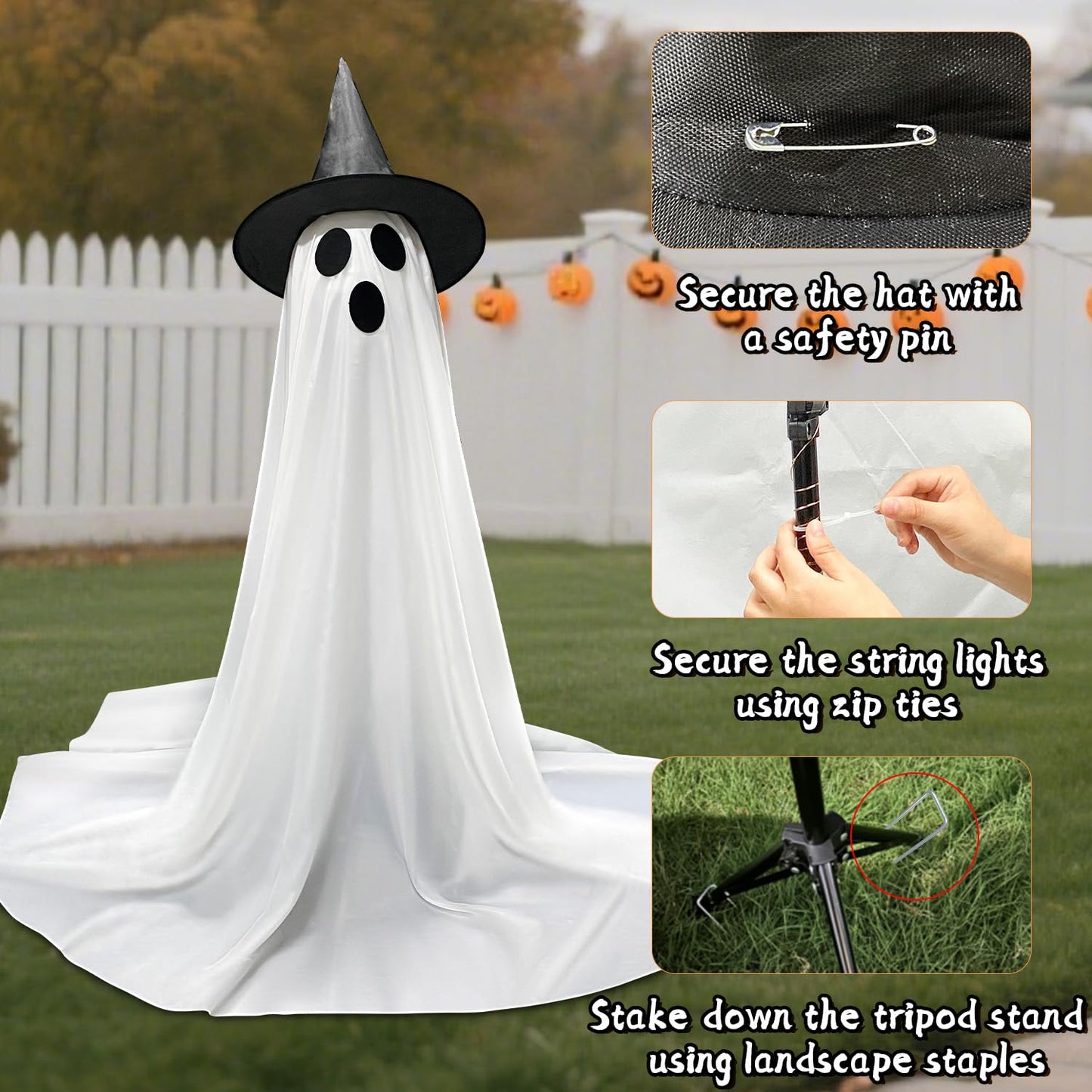 Halloween Decorations Outdoor & Indoor Decor - 2 Pack 59-inch Remote Control Spooky Ghost String Lights with Witch Hats, Halloween Lights for Porch, Yards, Patio, Garden Lawn, Party