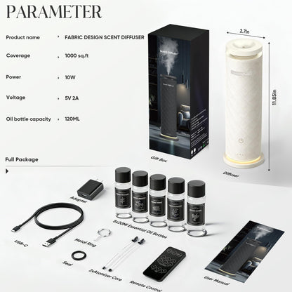 Waterless Scent Diffuser Starter Kit with 5 Oils, Hotel Cold Air Diffuser Oil Machine for Home, 1000 Sq Ft Coverage Boho Diffuser, Quiet Nebulizing Aromatherapy with Remote, Tower Fabric Design, Cream