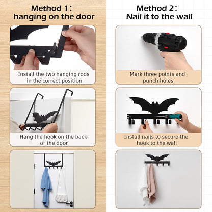 Reallnaive Gothic Bat Over The Door Hooks Goth Bathroom Decor Creepy Hanger Wall Mount Rack Holder for Towel, Hat, Coat, Cloth, Keychain, Bag, Home Organizer