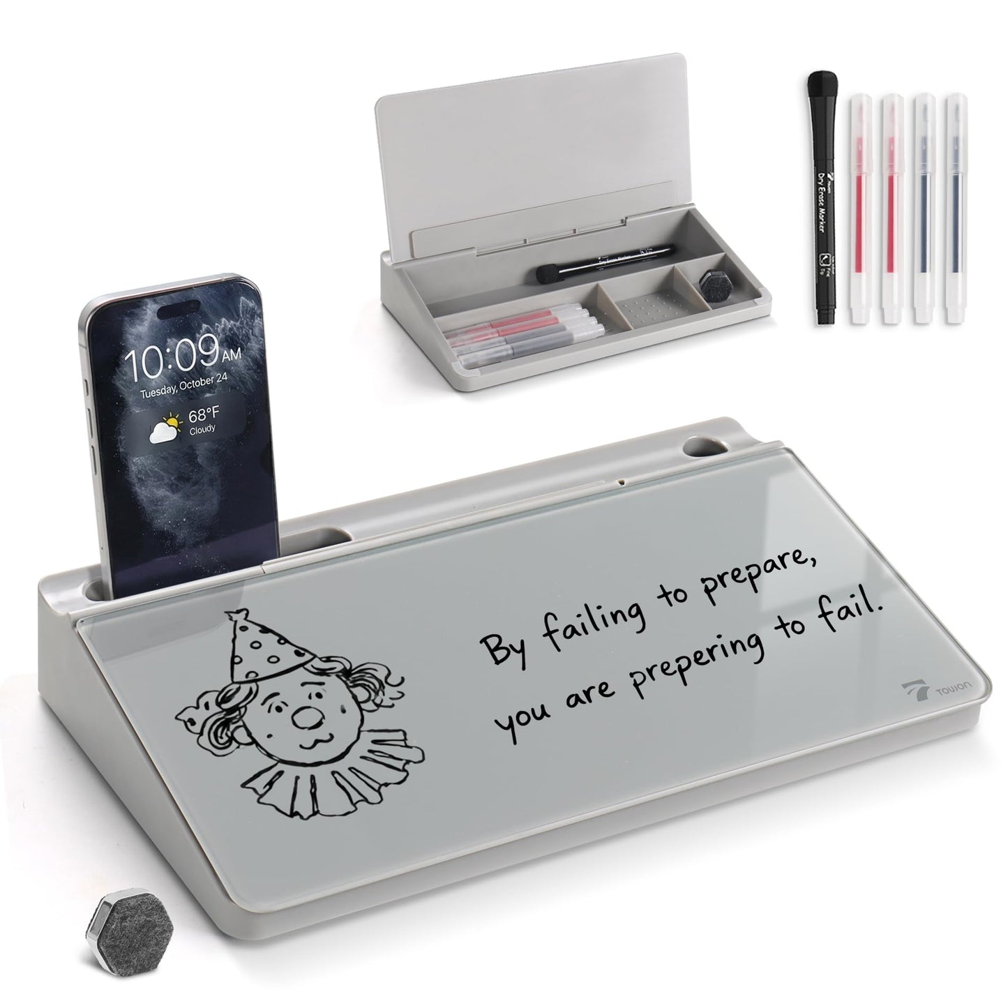 TOWON Small Compact Glass Desktop Whiteboard with Storage – 12 x 7 in Dry Erase Board for Desk, Home Office, School | Includes 5 Markers, Eraser & Holder | Space-Saving Organizer, Aesthetic Gray
