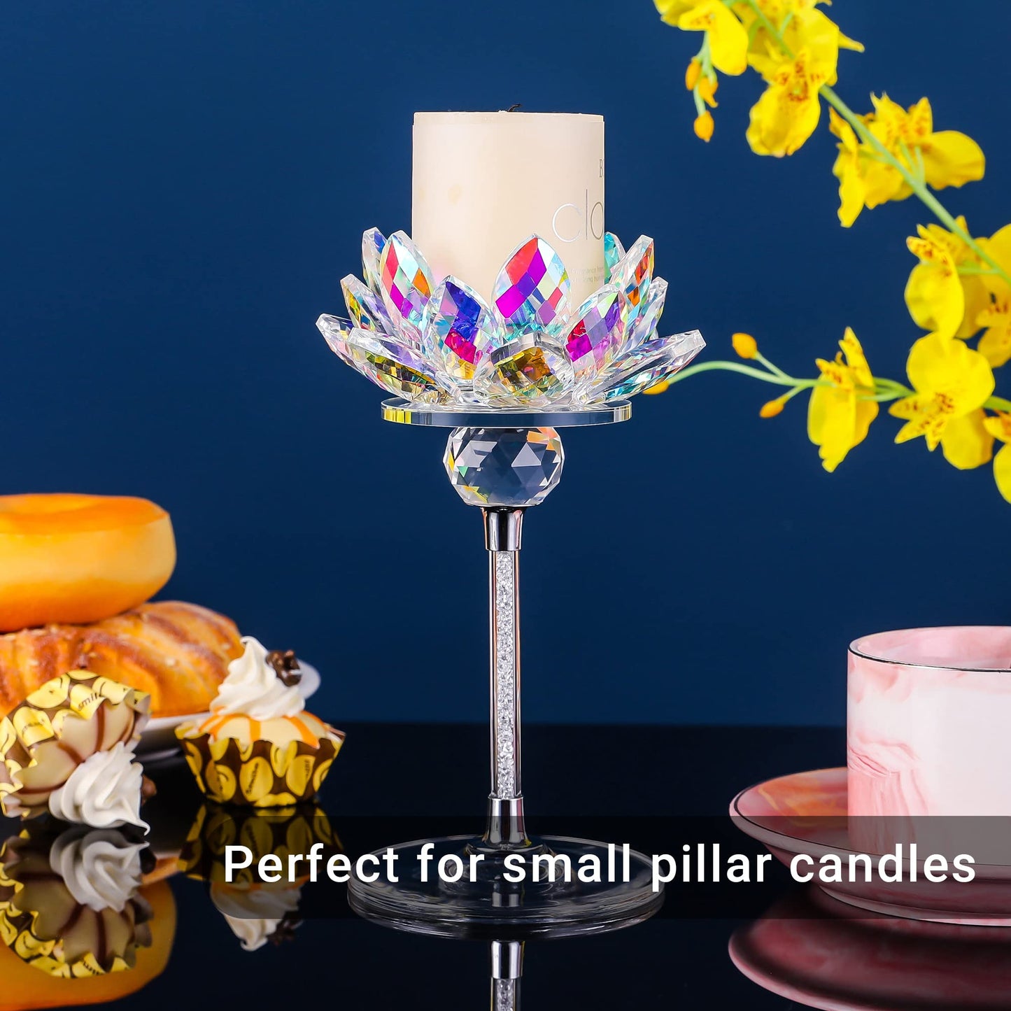 Crystal Candle Holders Set of 2, Lotus Flower Tealight Holders with Clear Glass Base, Rhinestone Stand and Ball, Elegant Table Centerpieces for Home Decor, Wedding, Party