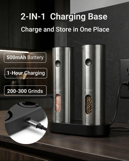 XINKOR Electric Salt and Pepper Grinder Set with USB-C Charging Base, Stainless Steel Automatic Rechargeable Salt and Pepper Grinder with LED Light & Large Capacity, 6 Adjustable Coarseness Settings