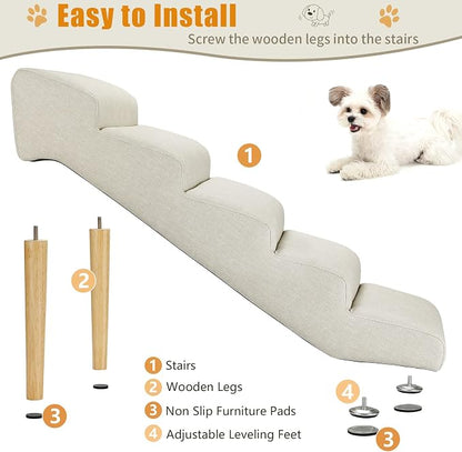 Senneny Imitation Linen Faux Leather Dog Stairs, for Pets up to 150 lbs, Waterproof, Scratch Resistant Pet Steps/Stairs with High Density Foam and Detachable Wooden Legs, Light Beige Linen, 5 Step