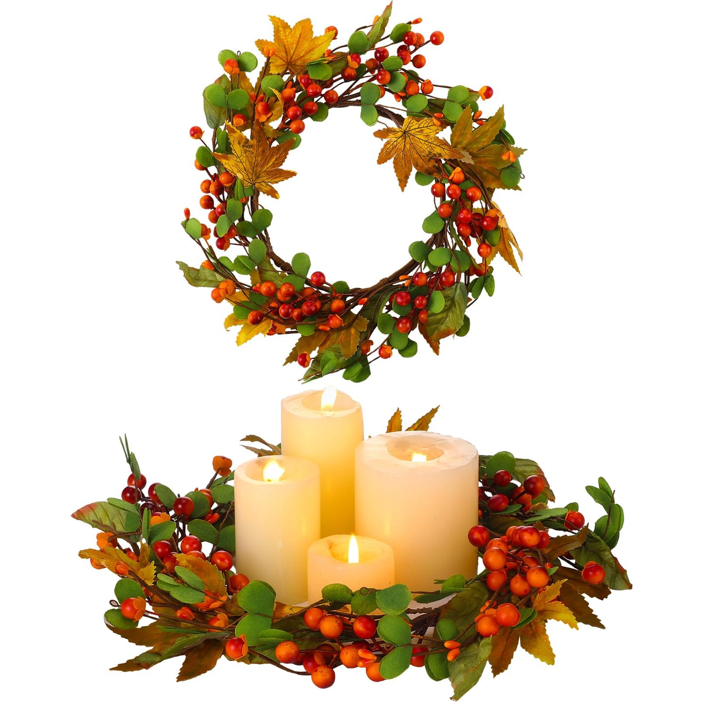FineCheer 1 Pcs 12'' Outer Fall Thanksgiving Candle Rings Artificial Maple Leaves Berries Garland for Candlestick Autumn Wreath Candle Holders for Table Centerpiece Front Door Decor