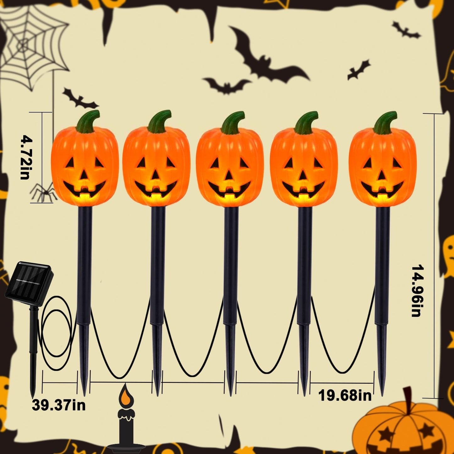 BRIGHTDECK Halloween Pumpkin Stake Lights, Set of 10 Decorative Solar Pumpkin Lights, Waterproof Halloween Decorations for Outdoor Garden and Yard