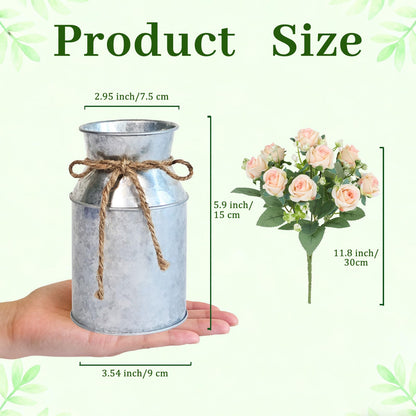 Farmhouse Artificial Rose Flowers with Metal Vase, Set of 6 Fake Rose Arrangements for Table, Faux Bouquets Wedding Centerpiece Decorations, Home Office Flower Decor (Silver Vase & Champaign Roses)