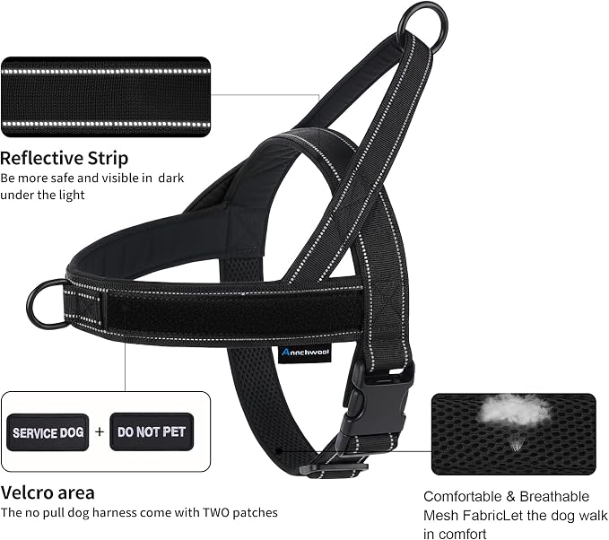 Annchwool No Pull Dog Harness,Heavy Duty Reflective Collar & Leash Set-Leash with Double Handle & Car Seatbelt Clip-Easy Control for Walking Training Medium Large Size Dogs(Black,L)