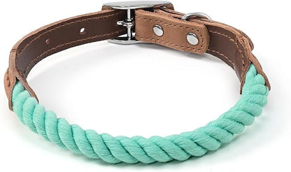Mile High Life Genuine Leather Dog Collar, Durable Braided Cotton Rope Collar with Metal Pin Buckle for Small Medium Large Dogs (Green, M Neck 15"-18")