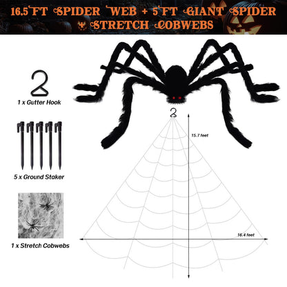 16.5Ft Giant Spider Web + 5Ft Hairy Spider & Stretch Cobwebs - CJYGEGE Halloween Decorations Scary Fake Spider with Triangular Huge Spider Web Large Props for Outdoor Indoor Haunted House Porch Yard
