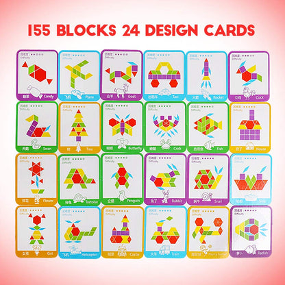 JCREN Wooden Pattern Blocks Montessori Toys Shape Puzzles Kindergarten Classic Educational Tangram Geometric Brain Teaser Toys Best STEM for Kids Ages 4-8 with 24 Pcs Cards