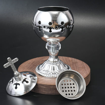 Nazareth Store Silver Charcoal Incense Burner Catholic Cross Censer Brass Plated Distiller for Church and Home