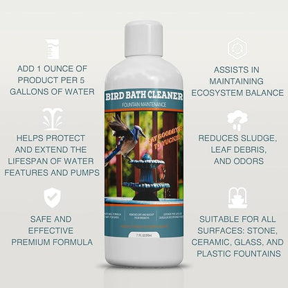 Bird Bath Cleaner, Bird Bath Fountains Clarifier, Liquid Birdbath and Fountain Maintenance, Promotes Clean & Clear Water - Natural Formula, Prevents Stains & Cloudiness - 7 Oz