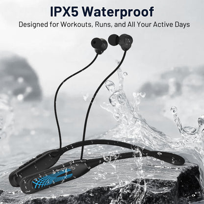 Podity Neckband Bluetooth Headphones, 1000H Extra Battery Life with Display Magnetic Earphones,Wireless Stereo Earbuds with Microphone, Waterproof in-Ear Headset for Sports/Workout/Office (Black)