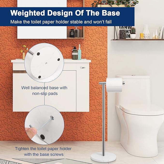 NearMoon Bath Toilet Paper Holder Stand- Modern Tissue Roll Holder Standing with Balanced Base, Rustproof Toilet Roll Holder for Bathroom/Kitchen Countertop (Chrome Finish, Marble Base)