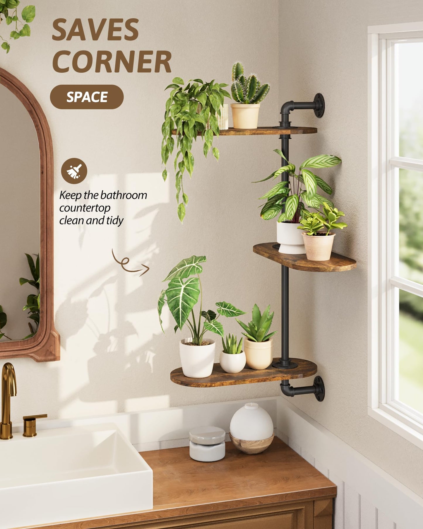 GENTINGBRO Window Plant Shelves 3-Tier Rotating Plant Stand Industrial Window Plant Shelf Wood Wall Mount Decorative Enhanced Indoor Plants Light Exposure Gift Idea for Plant Lovers