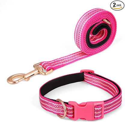 Reflective Dog Collar and Leash Set, Nylon Dog Leash with Heavy-Duty Steel D-Ring, Adjustable with Quick Release Buckle for Small Dogs,Hot Pink S