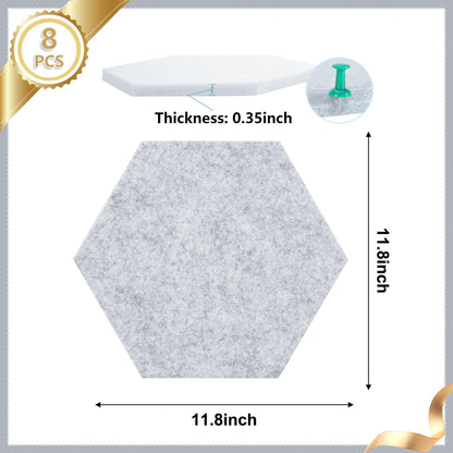 8 Packs Light Gray Hexagon Felt Pin Board, 12" Bulletin Board with 30 Push Pins, Felt Board for Home Kitchen Office Decor, Self-Adhesive Corkboard Tiles for Walls School Message Photos Memos