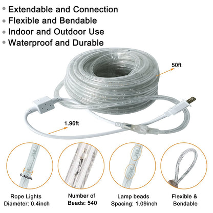 SURNIE Rope Lights Outdoor Waterproof Daylight White: LED 50FT Cuttable Outside Bright 110V Lighting Connectable Flexible Plug Cool Clear Tube, Indoor Deck Patio Xmas Camping Decor, Not Flat Strip