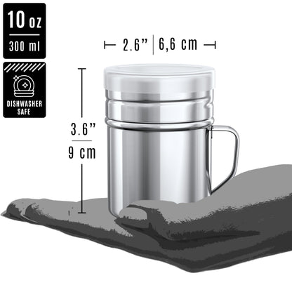 CUSINIUM 10oz Stainless Steel Salt Pepper Dredge Shakers - With Plastic Cap - With Handle - Pack of 4