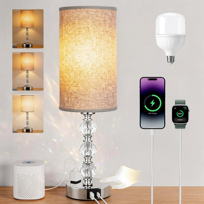 Wiomonrew Crystal Table Lamp 14.6", 3-Way Dimmable with Touch Control, USB Charging Ports & AC Outlet, Bulb Included, – 3000K Warm White for Bedroom Living Room