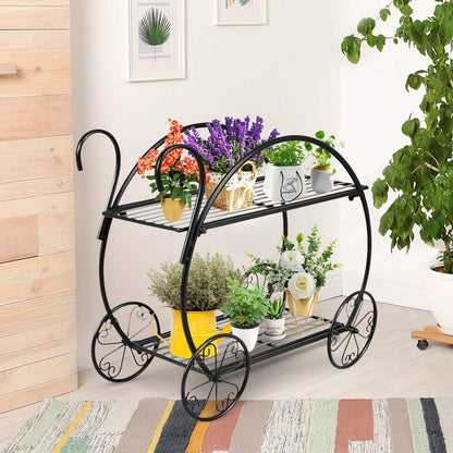 Giantex Garden Cart Metal Plant Stand with 4 Decorative Wheels, Succulent Collection Flower Pot Holder Display Shelf for Home Patio Garden Flower Shop, Parisian Style Plant Potted Rack (2-Tier)