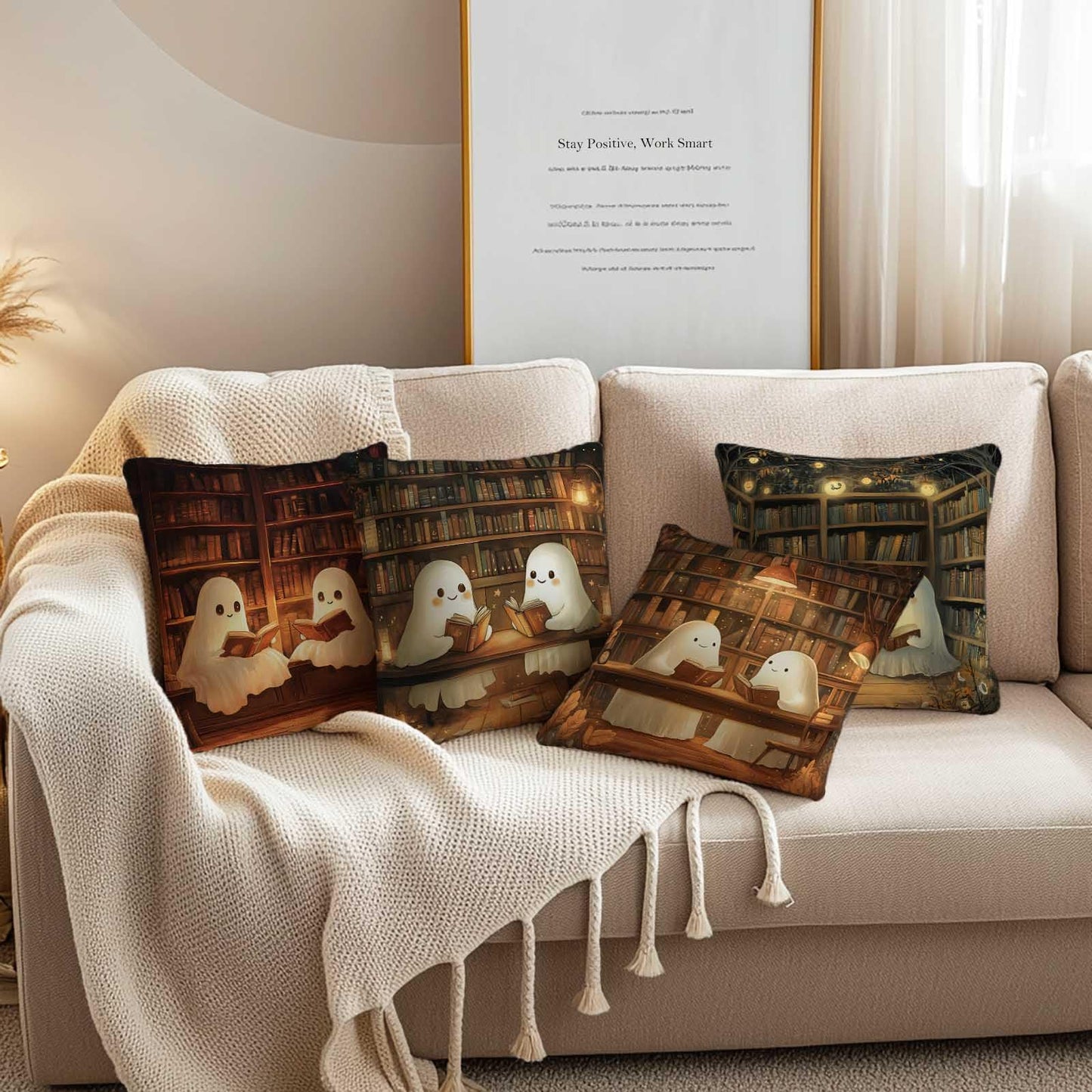 YucZiken Cute Ghost Reading Throw Pillow Covers 18x18 Set of 4 | Halloween Library Book Lover Cushion Cases for Couch Sofa | Spooky Cozy Decorative Square Pillowcases for Living Room Bedroom