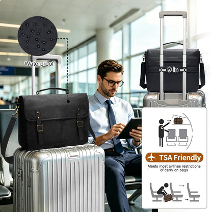Leather Messenger Bag for Men, 15.6in Laptop Briefcase Vintage Waterproof Laptop Bag Shoulder Bags Satchel Office Bag(Black)