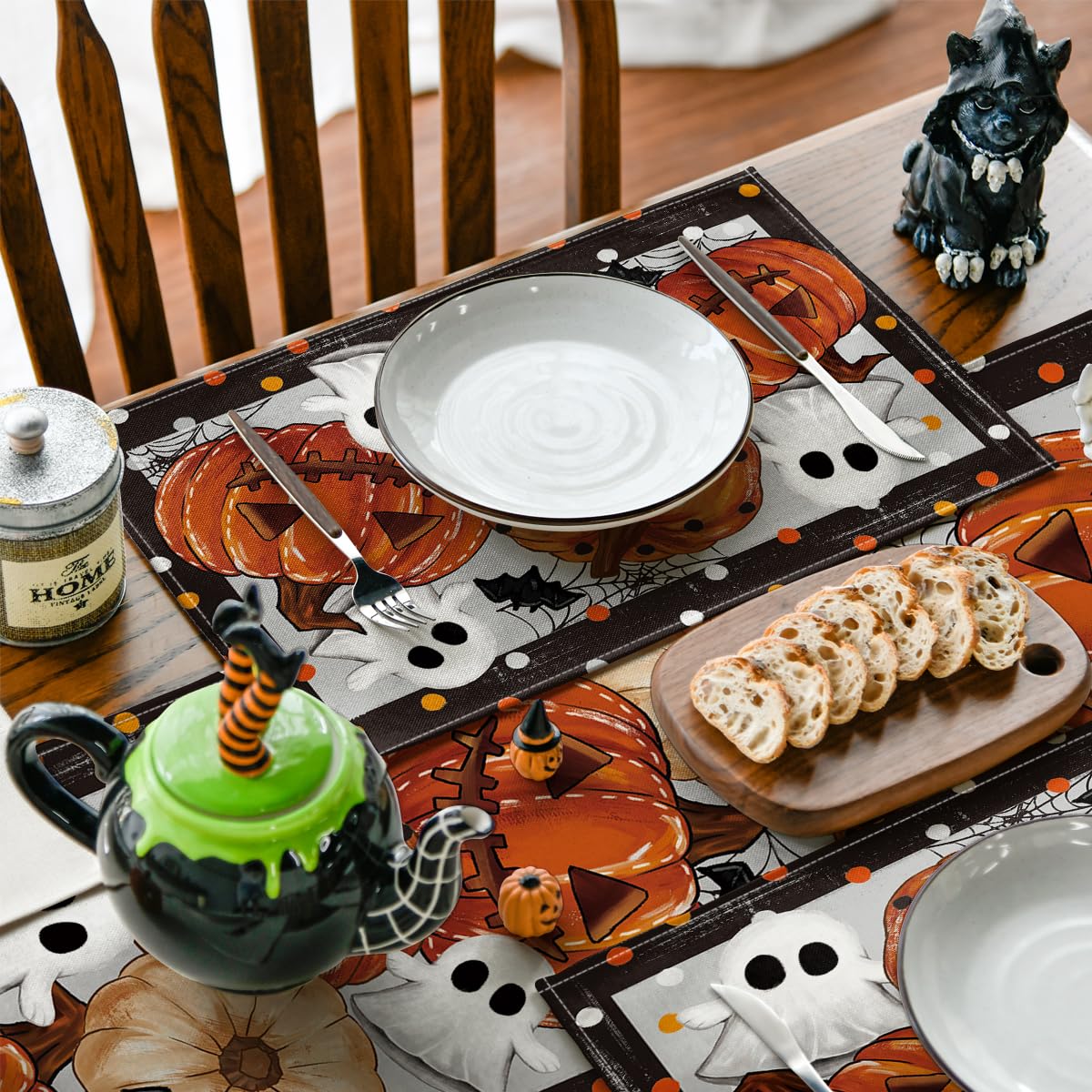 Artoid Mode Ghost Pumpkins Halloween Placemats Set of 4, 12x18 Inch Stripes Seasonal Table Mats for Party Kitchen Dining Decoration