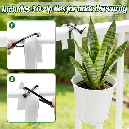 MADHOLLY 6Pcs Railing Planter with Drainage - 10.8" & 5.1" Bucket Pots for Balcony Railing, Metal Iron Hanging Flower Pots for Herb Planter Outdoor Deck & Rail Decor with Hook, White