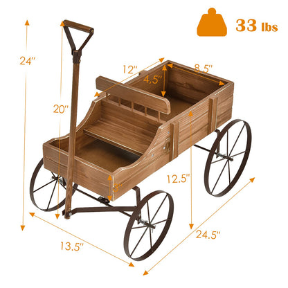 FIREFLOWERY Wooden Wagon Planter, Decorative Flower Pots w/ 2 Planting Sections, Wheels & Handle, Rustic Farmhouse Garden Planter Box for Patio, Yard, Porch (Walnut)