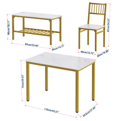 Teraves Dining Table Set for 4/Computer Desk,Kitchen Table with 2 Chairs and a Bench,Table and Chairs Dining Set 4 Picce Set for Dining Room (White Marbling+ Gold Frame,110CM)
