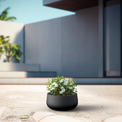 Kante 15.7" Dia Round Concrete Planter, Outdoor Indoor Garden Plant Pots with Drainage Hole and Rubber Plug, Modern Curvaceous Design, Black