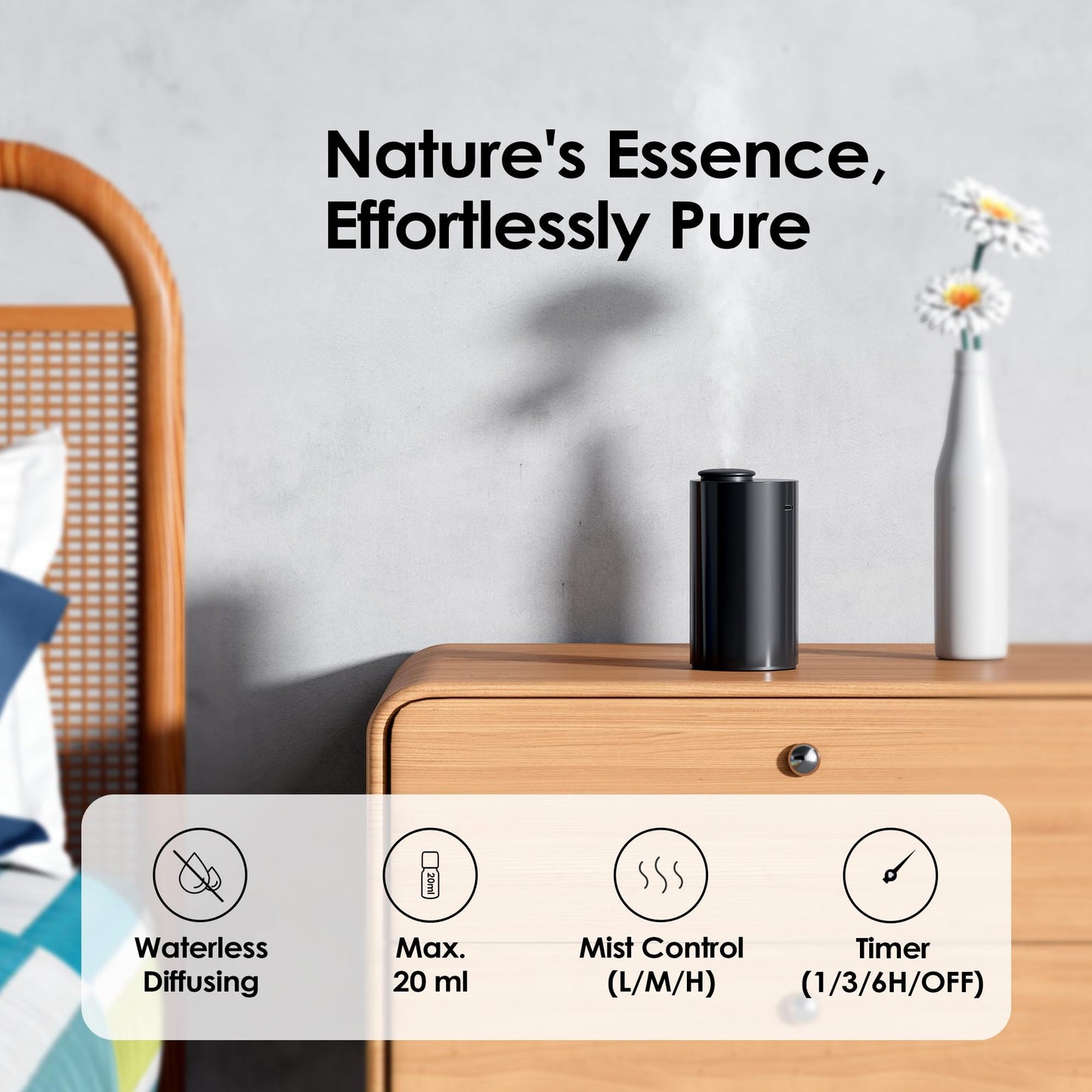 Airversa Waterless Diffuser for Essential Oil, Car Diffsuer, Battery Operated Nebulizer, 0.7 Fl Oz/ 20mL, Mini Scent Air Machine, 3 Timers & 3 Mist Levels for Home, Room, Car, Office - AN6 Black