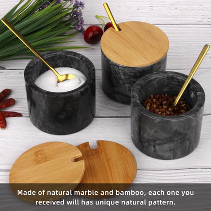 2 Sets Marble Salt Cellar Box with Bamboo Lid & Metal Spoon, Modern Stone Salt or Pepper Sugar Spice Seasoning Bowl Container Jar Holder Well Keeper Dish Pig Crock for Kitchen (White and Dark Grey)