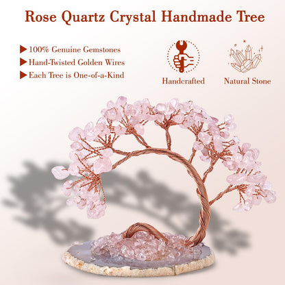 Rose Quartz Crystal Tree with Agate Slice Base - Handmade Feng Shui Money Tree for Love & Abundance, Mini Pink Desk Bonsai, Heart Chakra Healing Decor & Gift