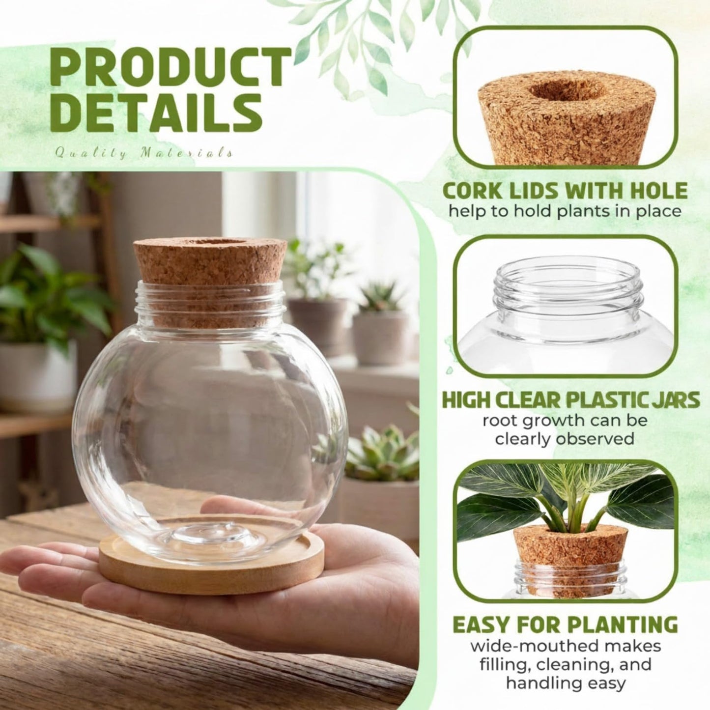 Ripeng 6 Pack Propagation Vases for Plants Plastic Large Plant Propagation Station with Hole Lid and Cork Coasters Growing in Water Hydroponic Home Office Table Garden Kitchen Decor, 4.06 x 3.98 Inch