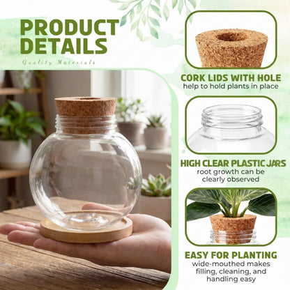 Ripeng 6 Pack Propagation Vases for Plants Plastic Large Plant Propagation Station with Hole Lid and Cork Coasters Growing in Water Hydroponic Home Office Table Garden Kitchen Decor, 4.06 x 3.98 Inch
