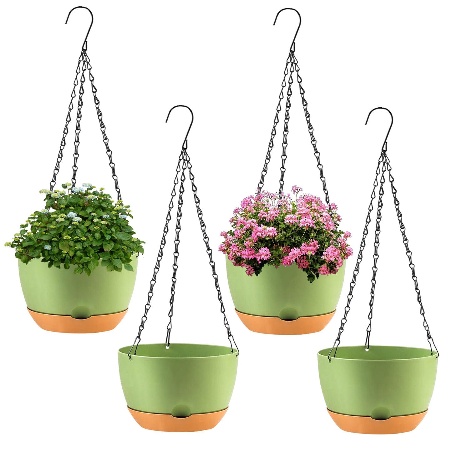 KPUVX 4 Pack Plastic Hanging planters for Indoor Plants,8 Inch Plant Pot Indoor Outdoor Hanging Baskets,Hanging Flower Pots with Drainage Holes and Chain for Garden Porch Plants (Green)